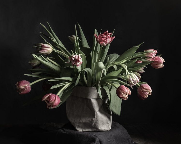 Tulips in paper vase | fine art still life color photography | print wall art by Nicole Colijn
