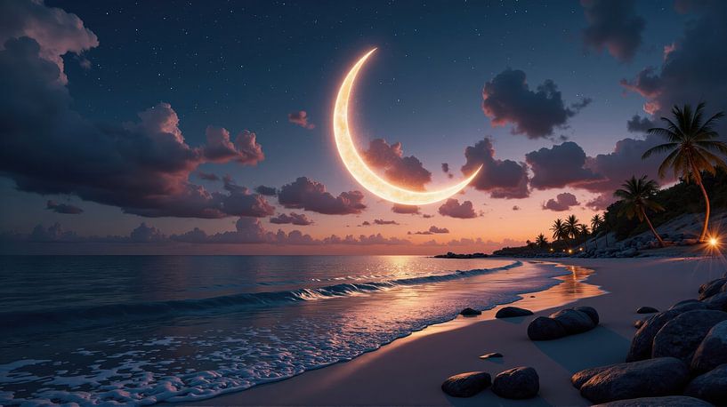Halve maan die over tropisch strand bij zonsondergang met palmbomen opkomt van Markus Gann