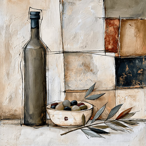 Olives and a bottle – a Mediterranean still life