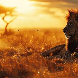 Lion à l'heure d'or en Afrique sur Digitale Schilderijen