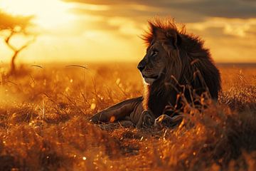 Lion à l'heure d'or en Afrique sur Digitale Schilderijen