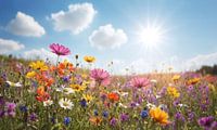 Een bloemenveld met een blauwe lucht op de achtergrond