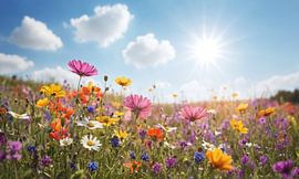 Ein Blumenfeld mit einem blauen Himmel im Hintergrund von 1xMerch