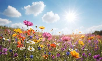 Un champ de fleurs avec un ciel bleu en arrière-plan