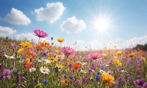 Een bloemenveld met een blauwe lucht op de achtergrond