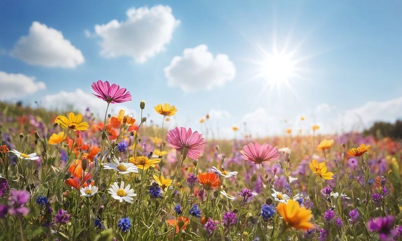 Een bloemenveld met een blauwe lucht op de achtergrond van 1xMerch