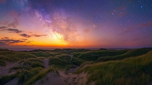 duinlandschap in de avond met melkweg waddeneilanden