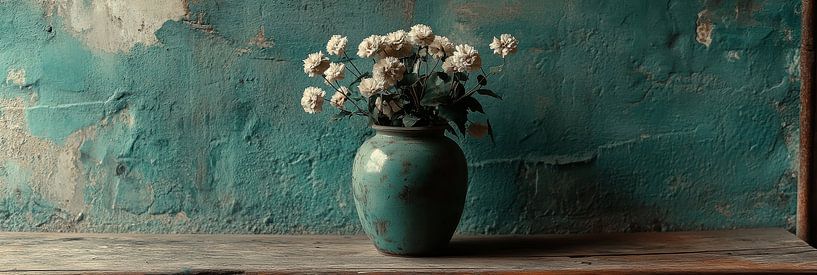 Weiße Blumen in einer türkisfarbenen Vase vor verwittertem Wandpanorama von Digitale Schilderijen