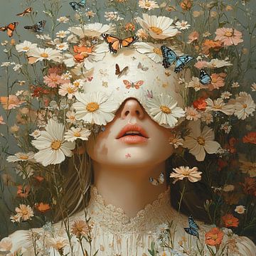 Bloemen Vlinders | Witte Bloemen Vrouw Portret van Blikvanger Schilderijen