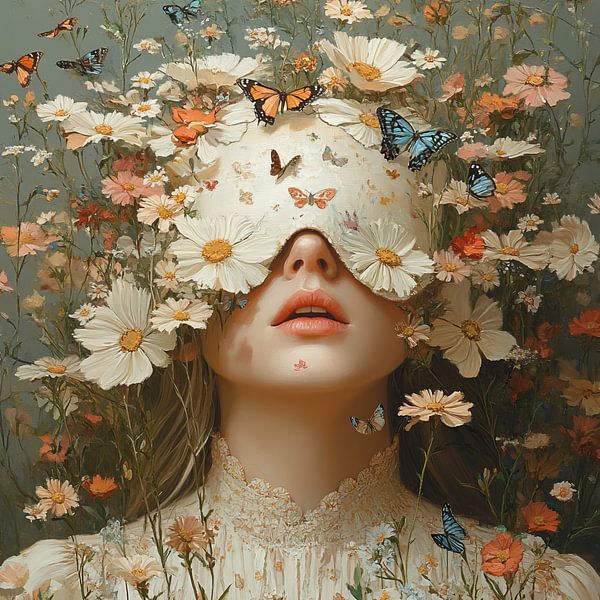 Bloemen Vlinders | Witte Bloemen Vrouw Portret van Blikvanger Schilderijen