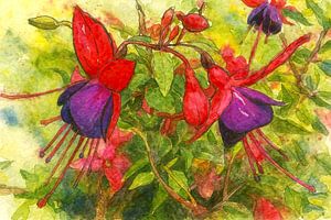 Zomerse fuchsia's (AI) (mooie, paars, rood, vrolijke, kleurrijke, bloemen, fris, warm, gezellig))