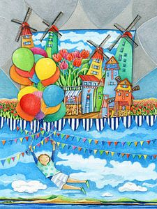 Windmühlen Land - Ballonfahrt fürs Kinderzimmer von Sonja Mengkowski