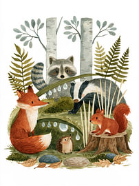 Woodland Friends in het berkenbos – vos, das, wasbeer en eekhoorn