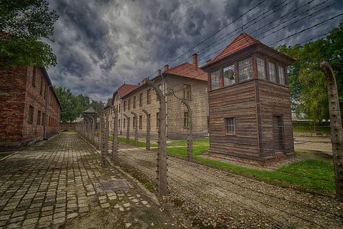 De wachttoren en prikkeldraad hekken van Auschwitz