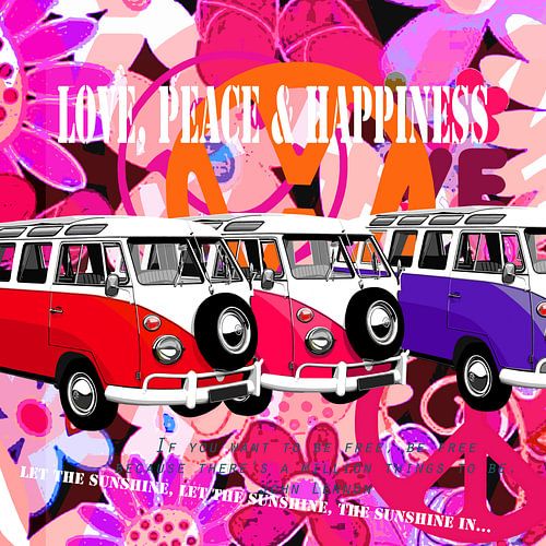  VW-busjes op roze flowerpower achtergrond van Jole Art
