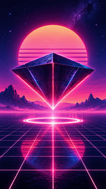 Retro Futuristic Alien Pyramid Floating Above Neon Grid Landscape With Cosmic Sunset by Alfonz