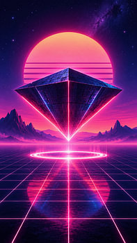 Retro-futuristische Alien-Pyramide, die über einer Landschaft aus Neonrastern schwebt, mit kosmischem Sonnenuntergang