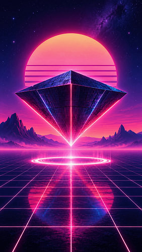 Pyramide extraterrestre rétro-futuriste flottant au-dessus d'un paysage de grilles néon avec un coucher de soleil cosmique