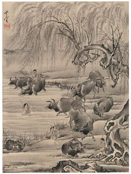 Kawanabe Kyōsai - Buffels en herders van Peter Balan