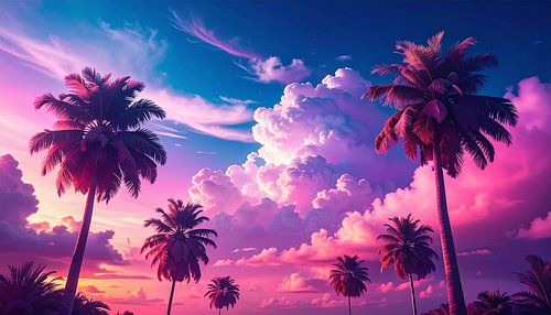 Retro vintage palmbomen met wolken
