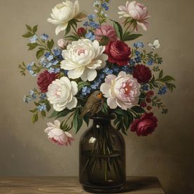 Blumenstillleben mit Rotkehlchen und Schmetterlingen von By Marjolein Design