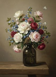 Blumenstillleben mit Rotkehlchen und Schmetterlingen