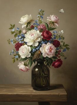 Blumenstillleben mit Rotkehlchen und Schmetterlingen