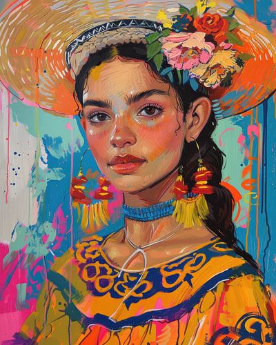 Señorita with flower hat - colourful portrait full of Mexican energy