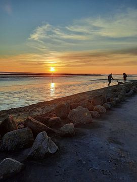 Romantische zonsondergang aan zee wandeling met hond van Michael Godlewski