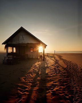 Huis op het strand in de zonsondergang van fernlichtsicht