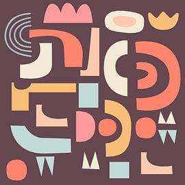 Vrolijke vormen. Retro collage in roze, oranje, geel, blauw op wijnrood van Dina Dankers