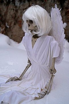 Laatste skelet van een engel in witte sneeuw