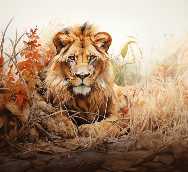 Aquarell eines im hohen Gras ruhenden Löwen von Margriet Hulsker