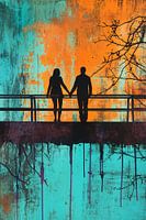 Couple silhouetted on colourful bridge
