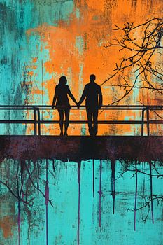 Koppel silhouet op kleurrijke brug banksy stijl