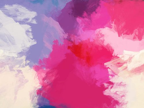 Kleurrijk abstract schilderij in felroze, wit en blauw