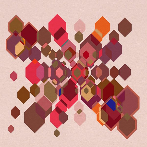 Colorful 70s retro geometric abstraction in warm red, green, purple by Dina Dankers