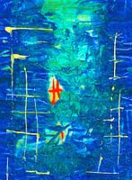 Blauwe abstractie met oranje lijnen en helder rooster