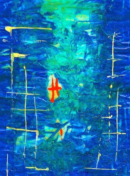 Blaue Abstraktion mit orangen Strichen und  hellem Gitter von Johann Bucher