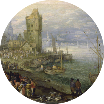 Vismarkt voor een stad, Jan Brueghel de Oude