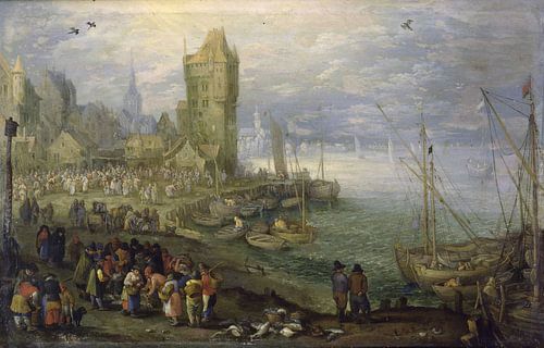Vismarkt voor een stad, Jan Brueghel de Oude