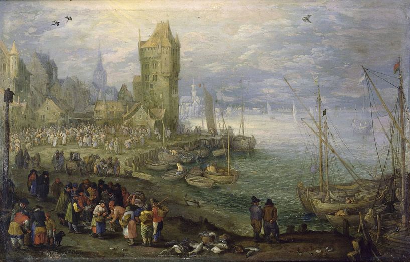 Fish market in front of a town, Jan Brueghel de Oude by Meesterlijcke Meesters