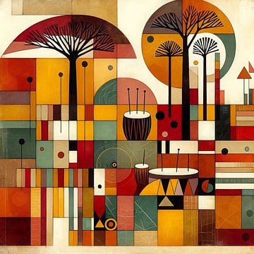 Abstracte compositie met thema Afrikaanse muziek van Lois Diallo