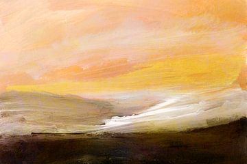 Roze, geel, bruin abstract landschap schilderij. Nieuwe dag hoop. van Dina Dankers