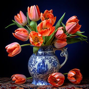 Delft Blue vase with red spring tulips by Vlindertuin Art