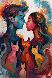 Couple d'amoureux avec une famille de chats