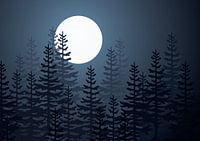 The moon shines through the trees.