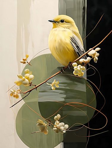 Bird painting with spring greenish yellow colour
