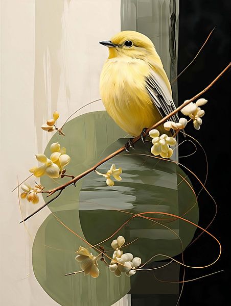 Vogelmalerei mit frühlingshaft grünlich-gelber Farbe von PixelPrestige