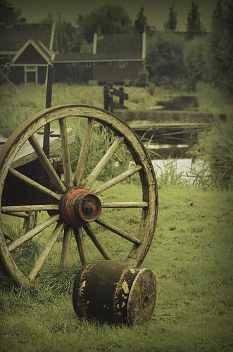 Old cart with barrel in green